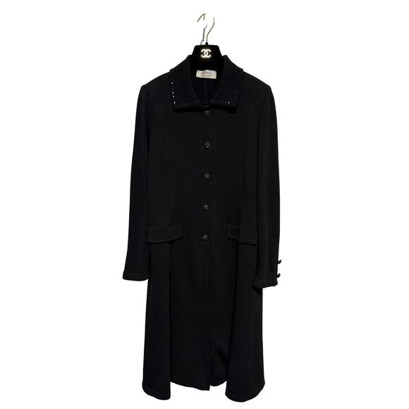 Vitali Knit Coat Womens 14 Black Wool Beaded Collar Rhinestone Buttons Made USA - Picture 1 of 16